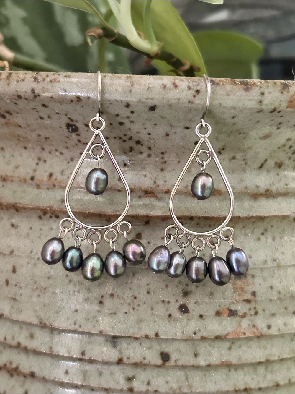 Handcrafted Silver Teardrop Earrings with Iridescent Peacock Pearls
